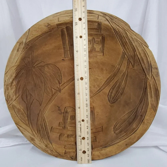 VTG Asian Hand Carved Wood Bowl Engraved Rustic Low Floral Design 11” Decorative - Picture 2 of 9